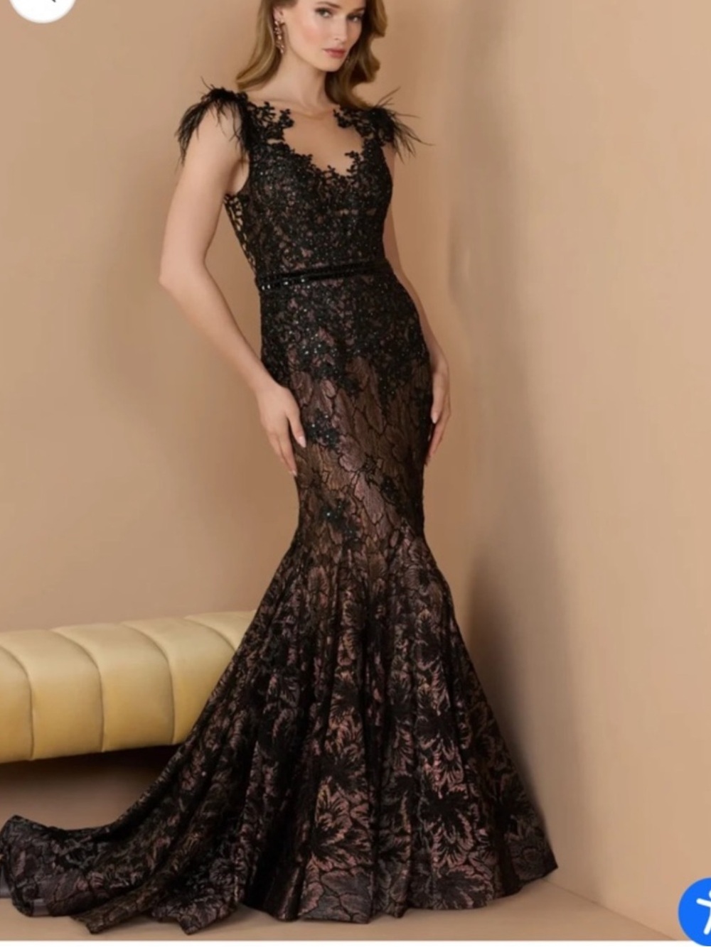 Mac Duggal Black Lace Mermaid Evening Gown with Feather Cap Sleeves Size 8